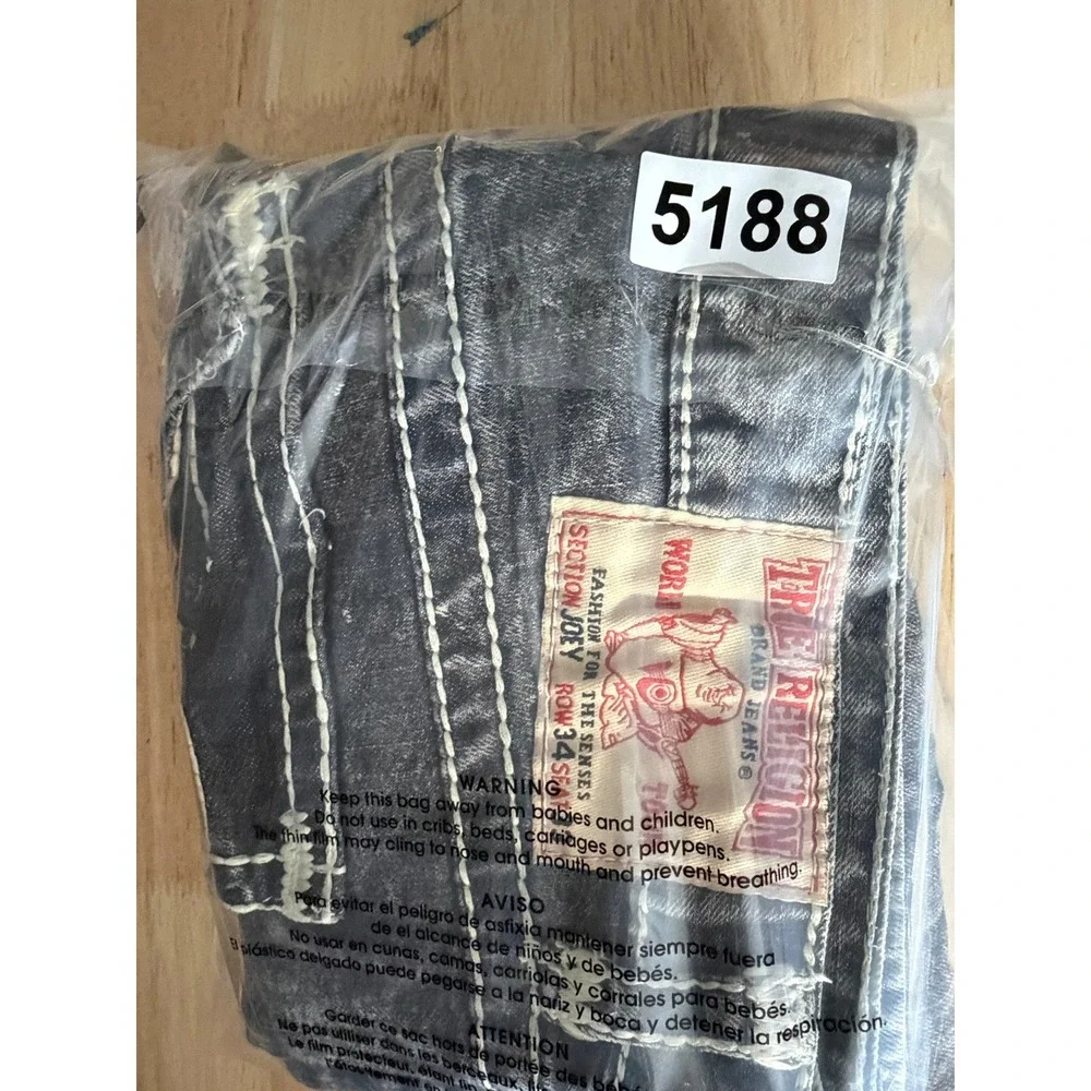 True Religion Men Acid Wash Black Jeans Thick White Stitching Straight Leg 34x30